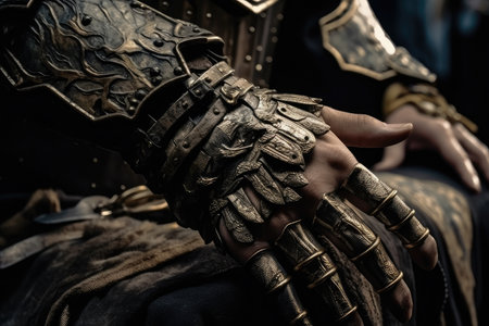 close-up of gladiators heavily armored hand, holding a sword ready for battle, created with generative aiの素材