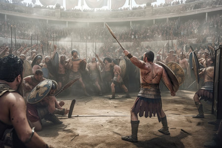 ancient roman gladiator duel, with and bone weapons, surrounded by cheering crowd, created with generative aiの素材