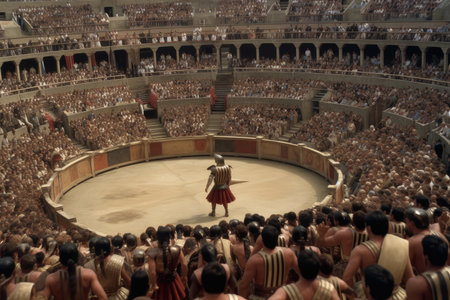 gladiator fighting in coliseum, surrounded by cheering crowds, created with generative aiの素材
