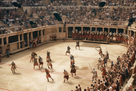 gladiators fighting in ancient arena, surrounded by cheering crowds, created with generative aiの素材