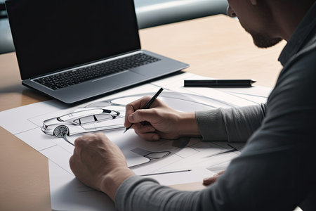 automotive designer, working on the next-generation car model, with laptop and pencil, created with generative aiの素材