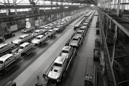factory floor, with rows of cars coming off the production line, created with generative aiの素材