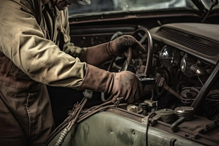mechanic, performing maintenance on vintage car, with greasy hands and tools nearby, created with generative aiの素材