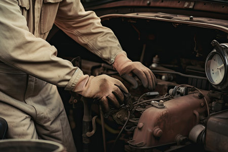 mechanic, performing maintenance on vintage car, with greasy hands and tools nearby, created with generative aiの素材