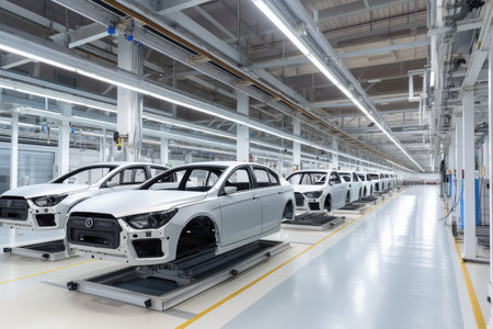 automotive factory, with row of cars being built and inspected, created with generative aiの素材