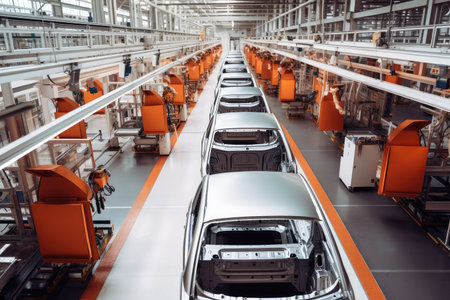 automotive factory, with cars being manufactured and tested on the assembly line, created with generative aiの素材