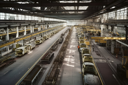 automotive plant, with row of cars in various stages of construction, created with generative aiの素材