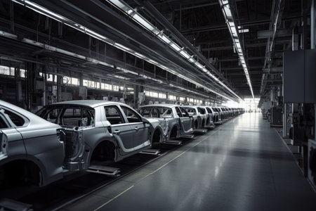 automotive plant, with manufacturing line producing new cars, created with generative aiの素材