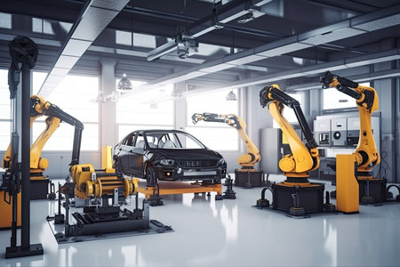 high-tech vehicle workshop, with robots and advanced tools for customization, created with generative aiの素材