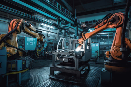 automotive plant, with robotic arms welding parts and machines in motion, created with generative aiの素材