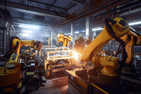 automotive plant, with robotic arms welding parts and machines in motion, created with generative aiの素材