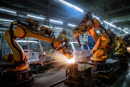automotive plant, with robotic arms welding parts and machines in motion, created with generative aiの素材