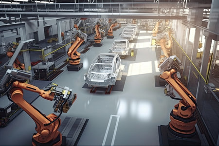 automotive factory, with robots and conveyor belts moving parts from one area to another, created with generative aiの素材