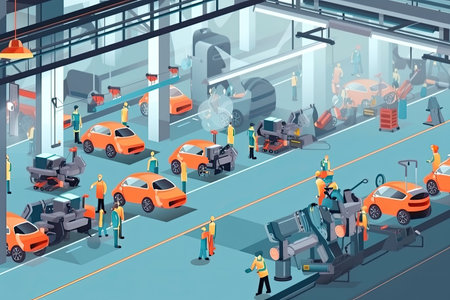 automotive factory, with workers building cars and trucks on assembly lines, created with generative aiの素材