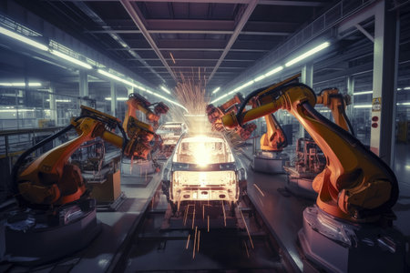 a car factory in motion, with robotic arms and welding torches building a new vehicle, created with generative aiの素材