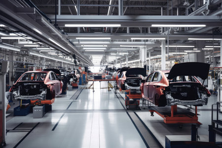 automotive factory, with assembly lines and workers assembling cars, created with generative aiの素材