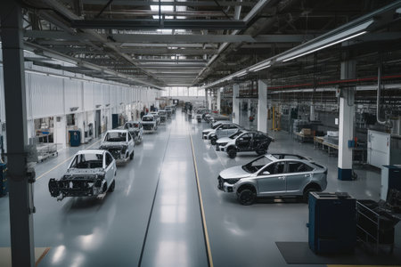 automotive factory, with heavy machines and tools producing high-quality cars, created with generative aiの素材