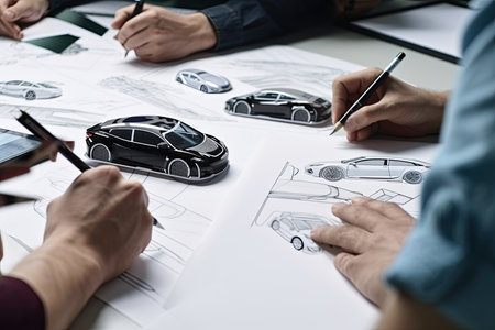 design studio, with team of designers sketching and drawing new car designs, created with generative aiの素材