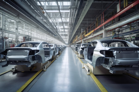 automotive factory, bustling with activity and workers manufacturing cars, created with generative aiの素材