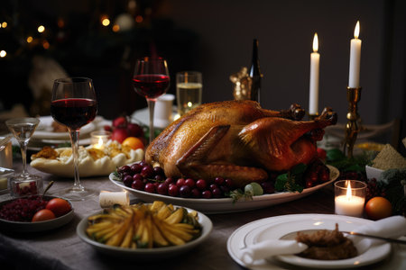 festive dinner, with roast turkey and all the trimmings on beautifully set table, created with generative aiの素材