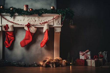 christmas border with oversized bows, stockings, and garlands for a warm holiday feel, created with generative aiの素材