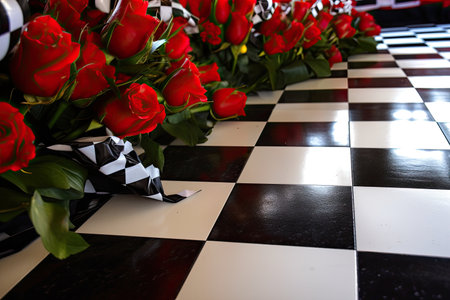 classic black and white checkered border with a touch of red, created with generative aiの素材