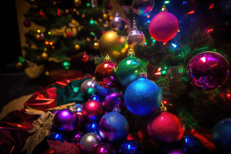 brightly-colored ornaments and lights decorate a christmas tree on the border, created with generative aiの素材