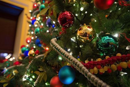 brightly-colored ornaments and lights decorate a christmas tree on the border, created with generative aiの素材