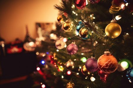 brightly-colored ornaments and lights decorate a christmas tree on the border, created with generative aiの素材