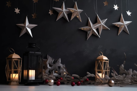 christmas border of stars and lanterns, with a modern and minimalist touch, created with generative aiの素材