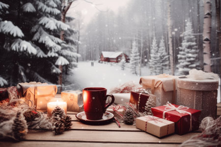 festive scene with snow, presents, and hot beverage in a beautiful winter scape, created with generative aiの素材