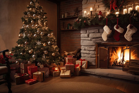 festive holiday scene with snowflakes, presents and warm fireplace, created with generative aiの素材