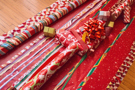 christmas border made from wrapping paper and ribbon, with presents visible beneath, created with generative aiの素材