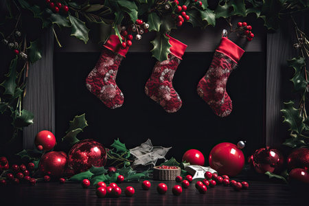 traditional christmas border with mistletoe, ornaments, and stockings, created with generative aiの素材