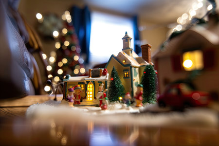blurry shot of christmas scene, with focus on the border decorations, created with generative aiの素材