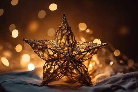 close-up of beautifully decorated christmas star with shining lights, created with generative aiの素材
