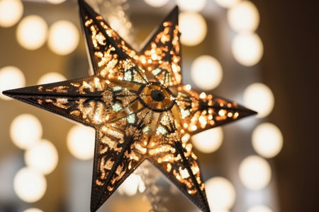 close-up of beautifully decorated christmas star with shining lights, created with generative aiの素材
