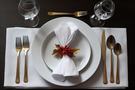 festive table setting with place settings, napkins and silverware, created with generative aiの素材