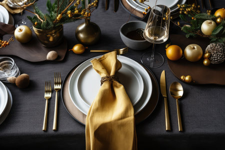 festive table setting with place settings, napkins and silverware, created with generative aiの素材