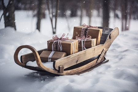 traditional wooden sled with wrapped gifts in a snowy winter setting, created with generative aiの素材