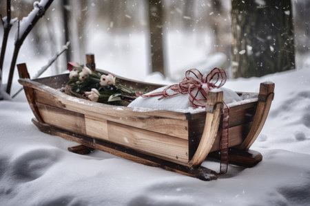 traditional wooden sled with wrapped gifts in a snowy winter setting, created with generative aiの素材