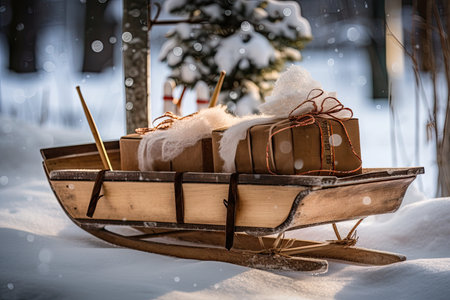 traditional wooden sled with wrapped gifts in a snowy winter setting, created with generative aiの素材