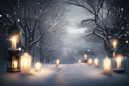 festive holiday setting, with snow-covered landscape and twinkling lights, created with generative aiの素材