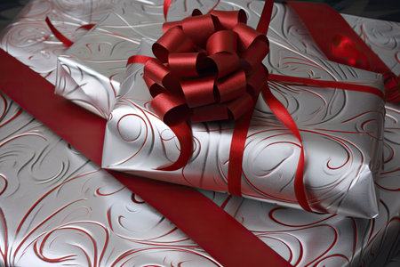 a festive wrapping paper with silver and red accents, created with generative aiの素材