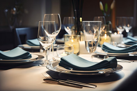 festive table setting with plates, glasses, and silverware, created with generative aiの素材