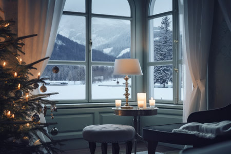 luxury hotel, with festive decor and a view of the snowy landscape, in winter, created with generative aiの素材