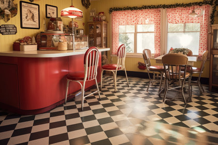 traditional checkered linoleum flooring and vintage furniture in retro holiday setting, created with generative aiの素材