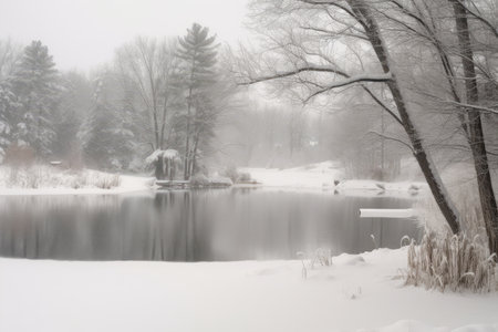 peaceful and serene winter landscape with snow-covered trees, a peaceful pond, and a touch of holiday spirit, created with generative aiの素材