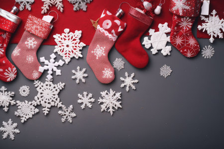 festive border of snowflakes, stockings and ornaments, created with generative aiの素材