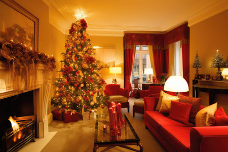 festive and warm decor, with a red and gold festive theme, created with generative aiの素材